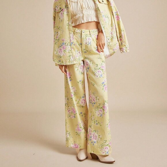 Boho Yellow Women's Floral High Rise Wide Leg Cuffed Jeans - Picture 4 of 6